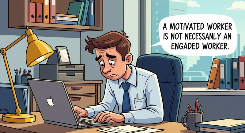 Humorous Cartoon Office Scene: Engagement vs. Motivation Humorous Cartoon Office Scene: Engagement vs. Motivation