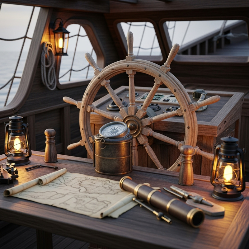 Realistic Pirate Ship Helm: Wooden Wheel & Navigation Tools