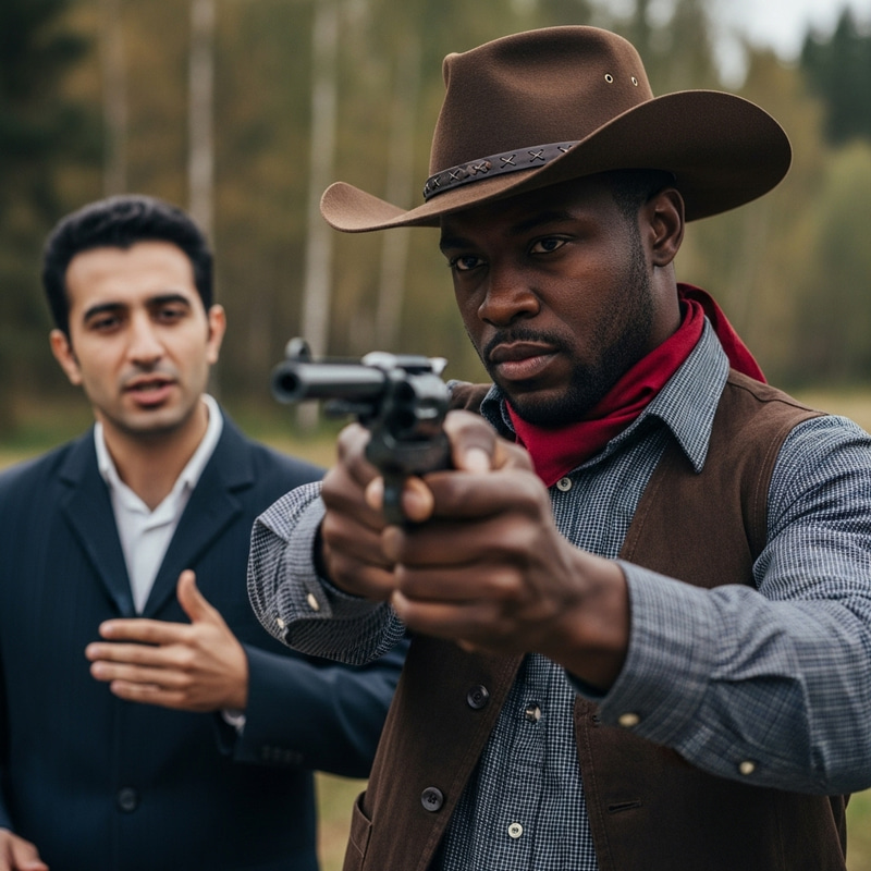 Gritty African American Cowboy Aiming with Revolver at Uzbek Man Gritty African American Cowboy Aiming with Revolver at Uzbek Man