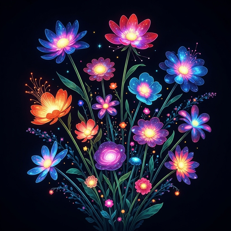 Vibrant Abstract Flowers: Dreamlike Cosmic Bouquet Vibrant Abstract Flowers: Dreamlike Cosmic Bouquet