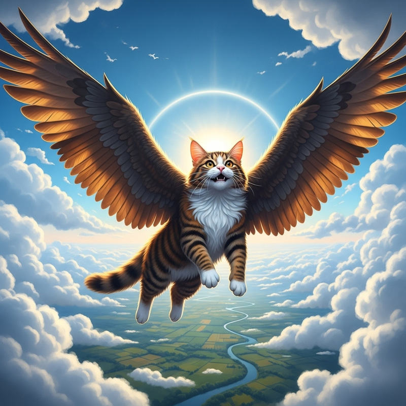 Flying Feline Soaring in Blue Sky
