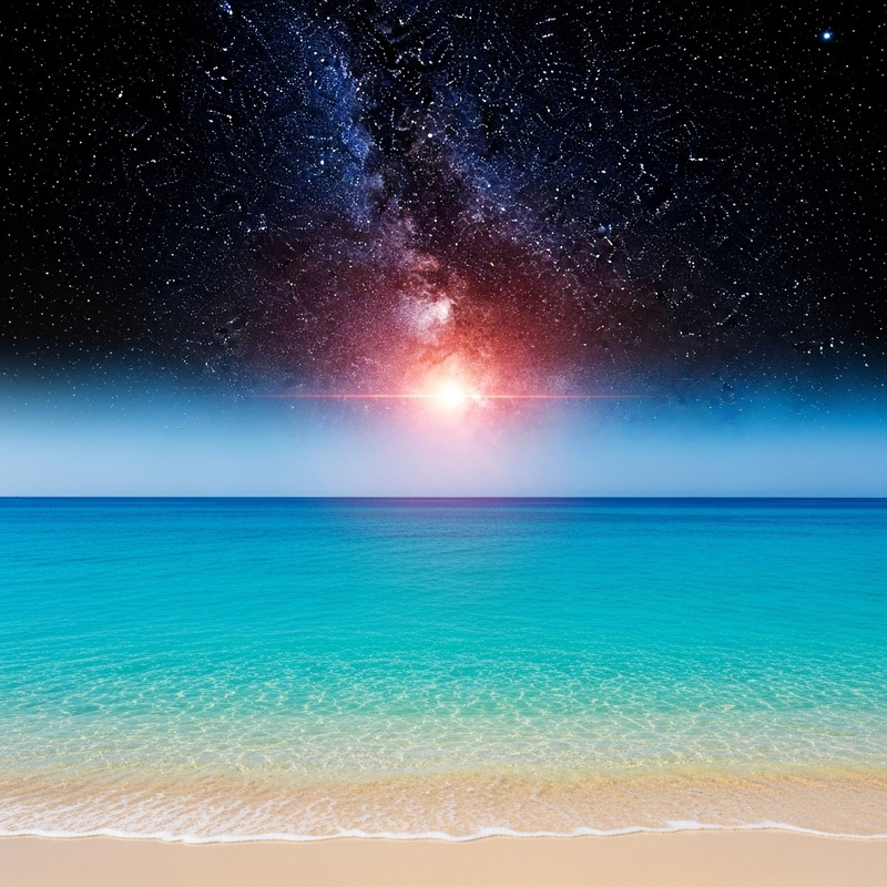 Bright Seascape and Cosmic Starry Universe View