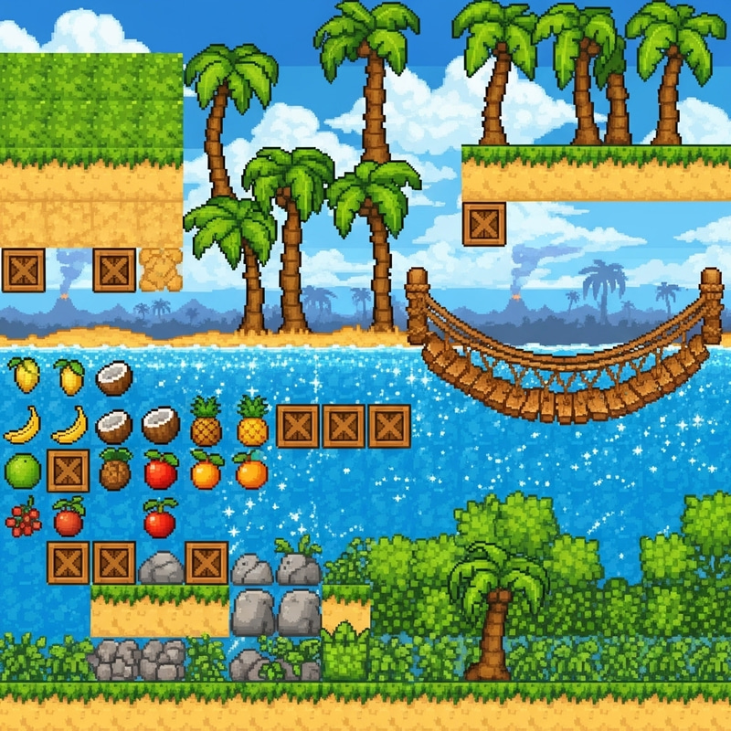 Pixel Art Tileset: Crash Crash Bandicoot in Tropical Island Environment