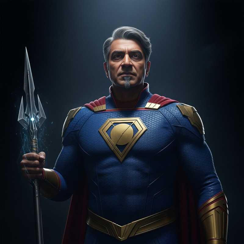 Futuristic Hero in Royal Blue Uniform with Spear Futuristic Hero in Royal Blue Uniform with Spear