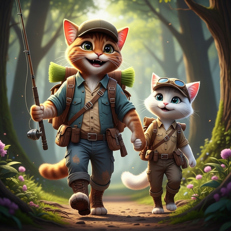Realistic Animated Forest Encounter of Male and Female Cats in Explorer's Attire Realistic Animated Forest Encounter of Male and Female Cats in Explorer's Attire