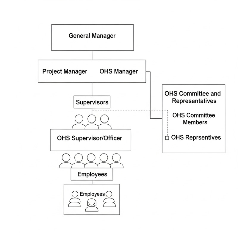 Organizational Structure: GM, PM, OHS Mgr, Supervisors, Employees, OHS Committee & Reps Organizational Structure: GM, PM, OHS Mgr, Supervisors, Employees, OHS Committee & Reps