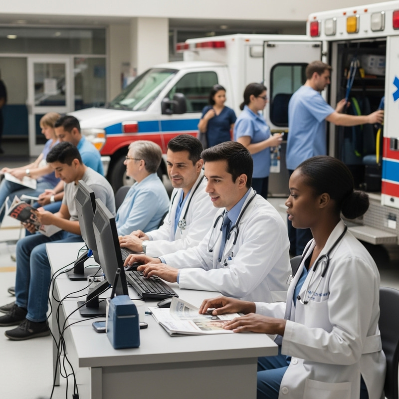 Diverse Hospital Scene: Doctors, Patients, and Ambulance Diverse Hospital Scene: Doctors, Patients, and Ambulance