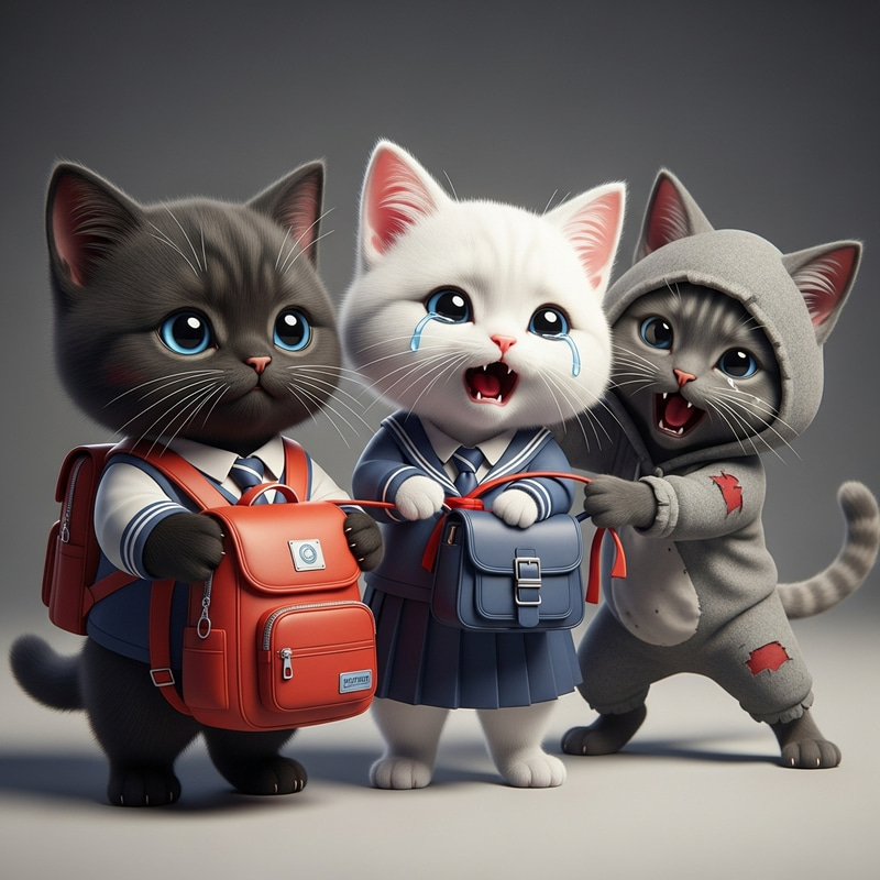 Realistic Cartoon Black British Cat in School Uniform with Red Backpack Realistic Cartoon Black British Cat in School Uniform with Red Backpack