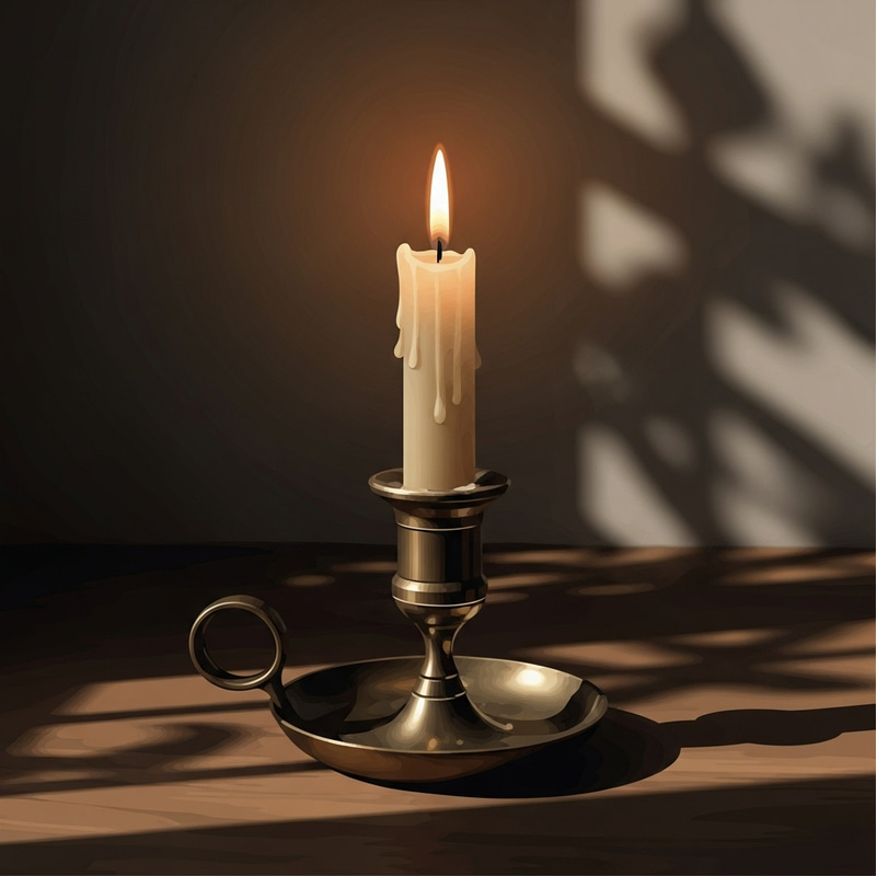 Antique Brass Candlestick with Serene Candle Image Antique Brass Candlestick with Serene Candle Image