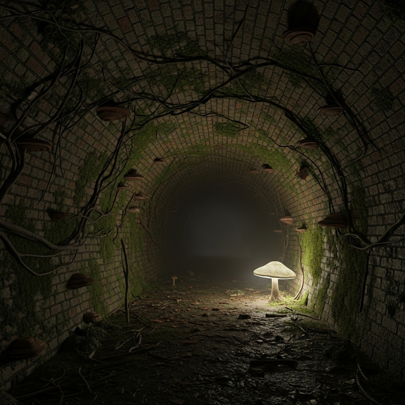 Dimly Lit Brick Underground Tunnel with Arched Ceiling Dimly Lit Brick Underground Tunnel with Arched Ceiling
