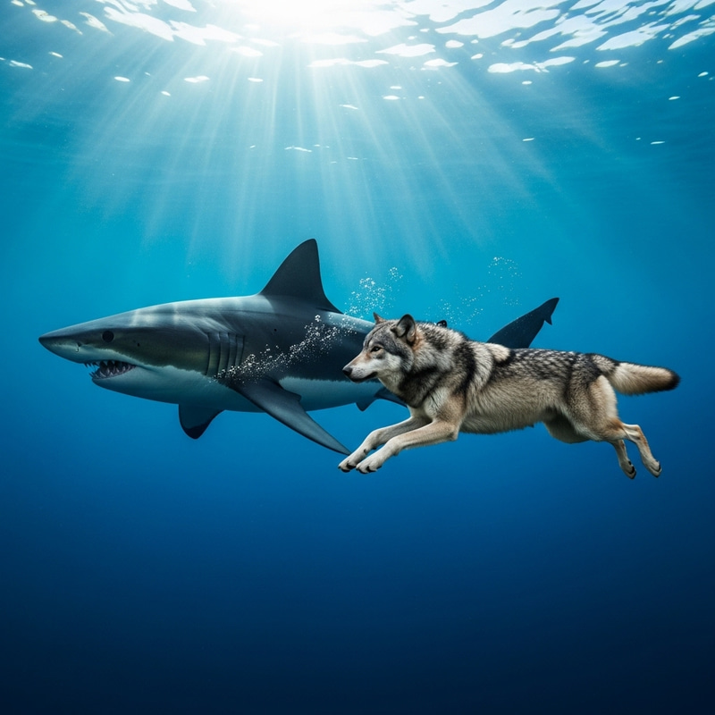 Gray Wolf Swimming with Shark in Mysterious Ocean Depths Gray Wolf Swimming with Shark in Mysterious Ocean Depths