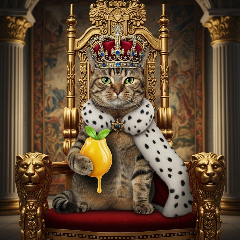 Majestic Cat with Crown and Yellow Candy on Throne Majestic Cat with Crown and Yellow Candy on Throne