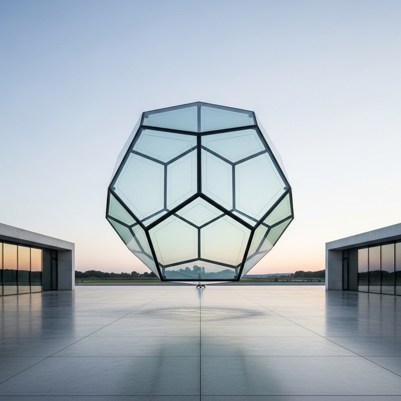 Futuristic Glass Icosahedron Reflecting Landscape