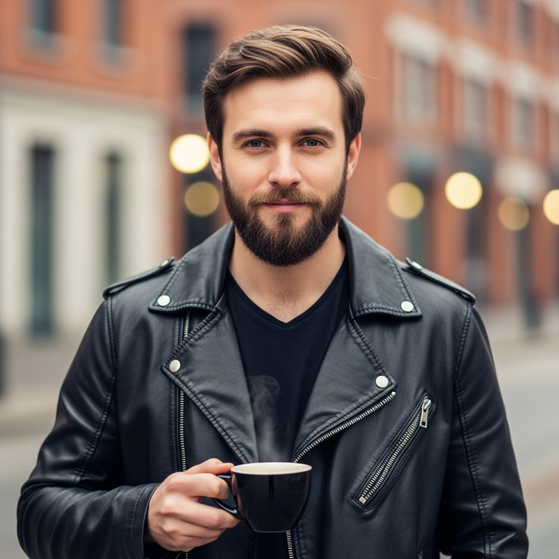 Young Man in Black Leather Jacket with Coffee Young Man in Black Leather Jacket with Coffee