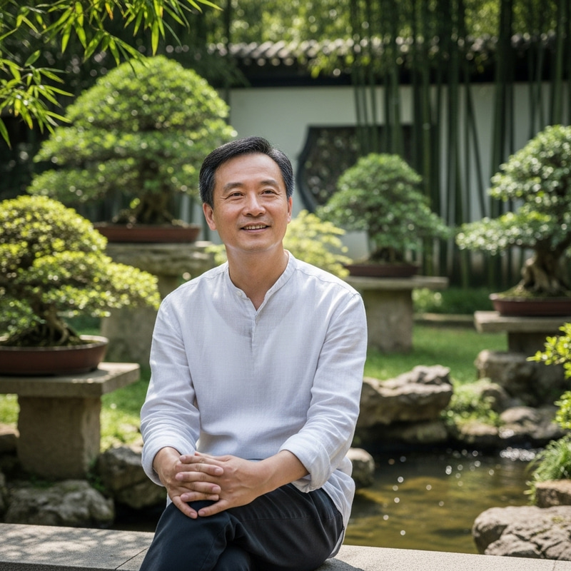 Tranquil 50-Year-Old Chinese Male Relaxing and Smiling Tranquil 50-Year-Old Chinese Male Relaxing and Smiling