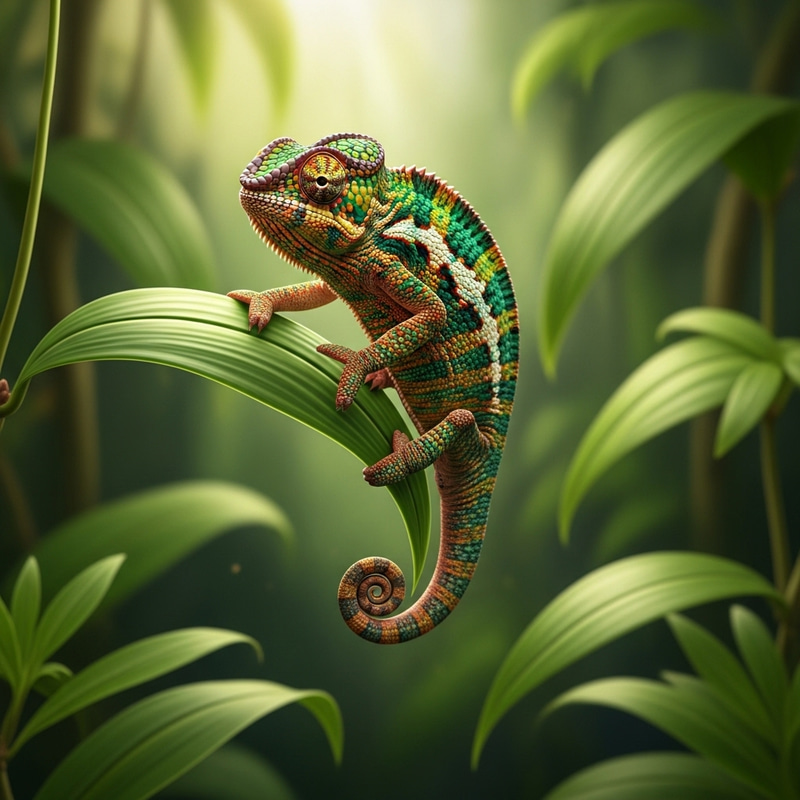 Detailed Image of a Colorful Chameleon in Lush Forest