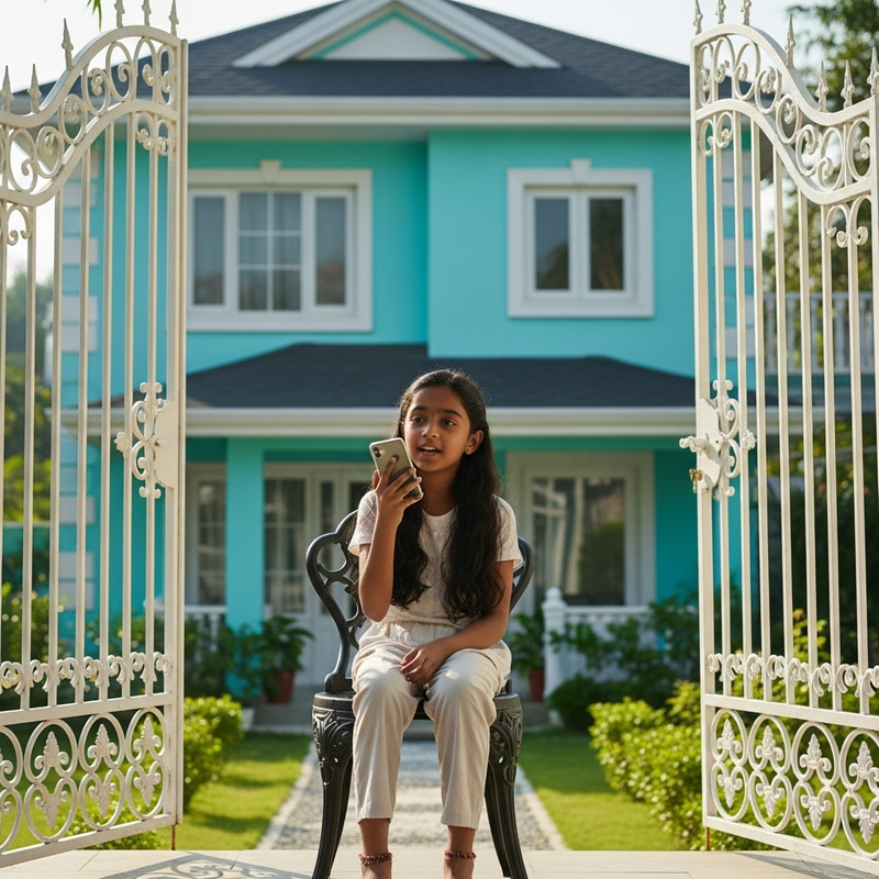 Turquoise Two-Story House Terrace with Girl Recording Audio