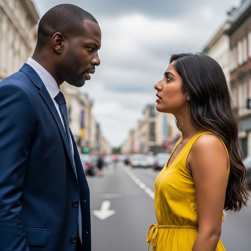 Intense Confrontation in City Street | Tension Between Black Man and South Asian Woman