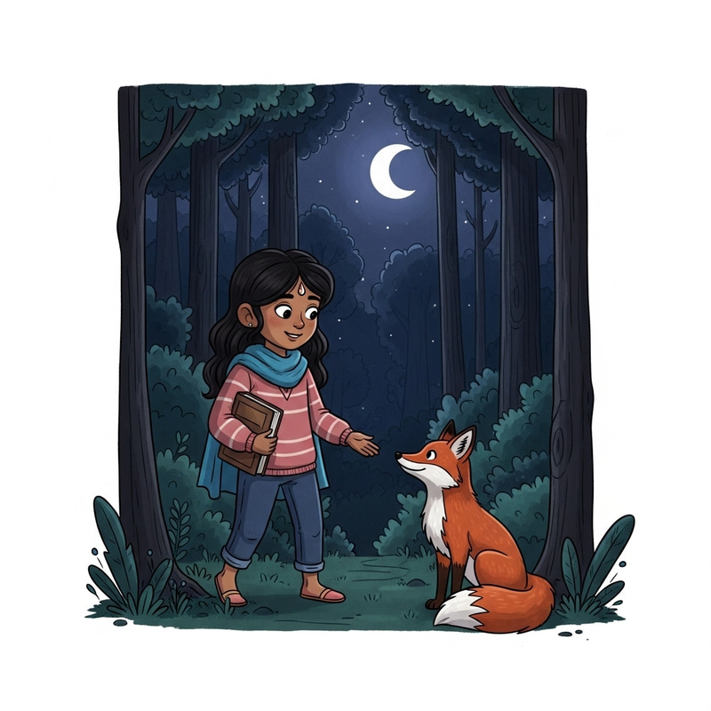 Whimsical Nighttime Encounter: Girl & Fox in Cartoon Forest Whimsical Nighttime Encounter: Girl & Fox in Cartoon Forest