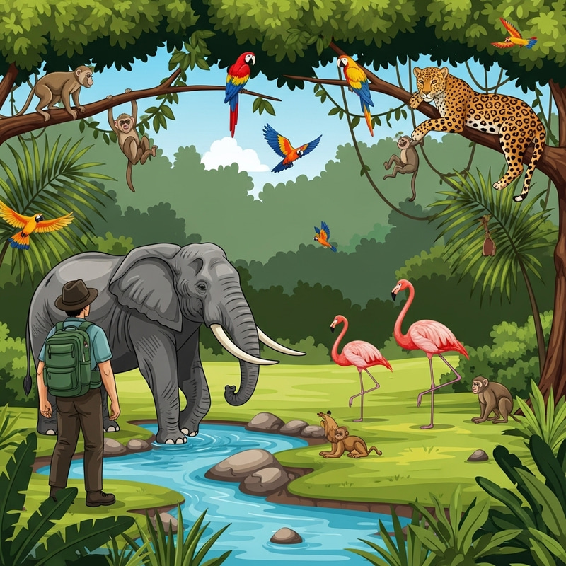 Discover Jungle Wildlife: Elephant, Flamingos, Monkeys, Parrots, Leopard Discover Jungle Wildlife: Elephant, Flamingos, Monkeys, Parrots, Leopard