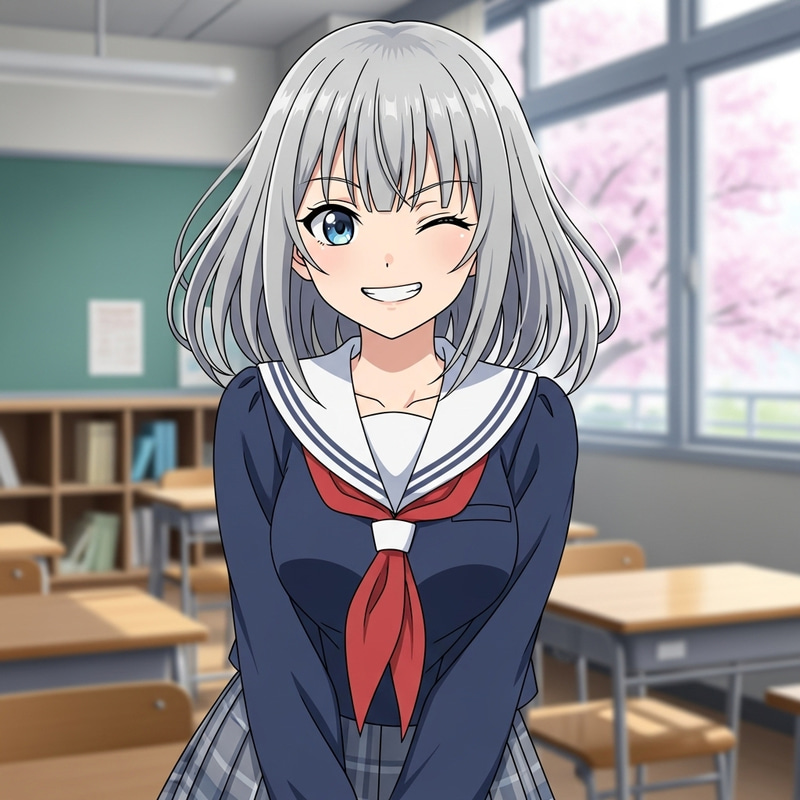 Japanese Anime-Inspired Silver-Haired Schoolgirl with a Devilish Smile