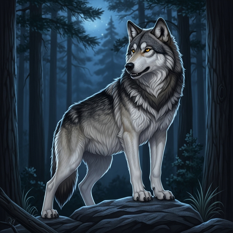 Majestic Wolf in Pine Forest - Detailed Illustration