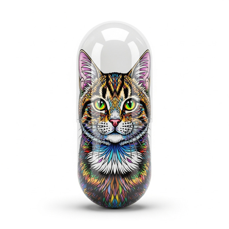 Realistic Gelatine Capsule with Colorful Cat Design