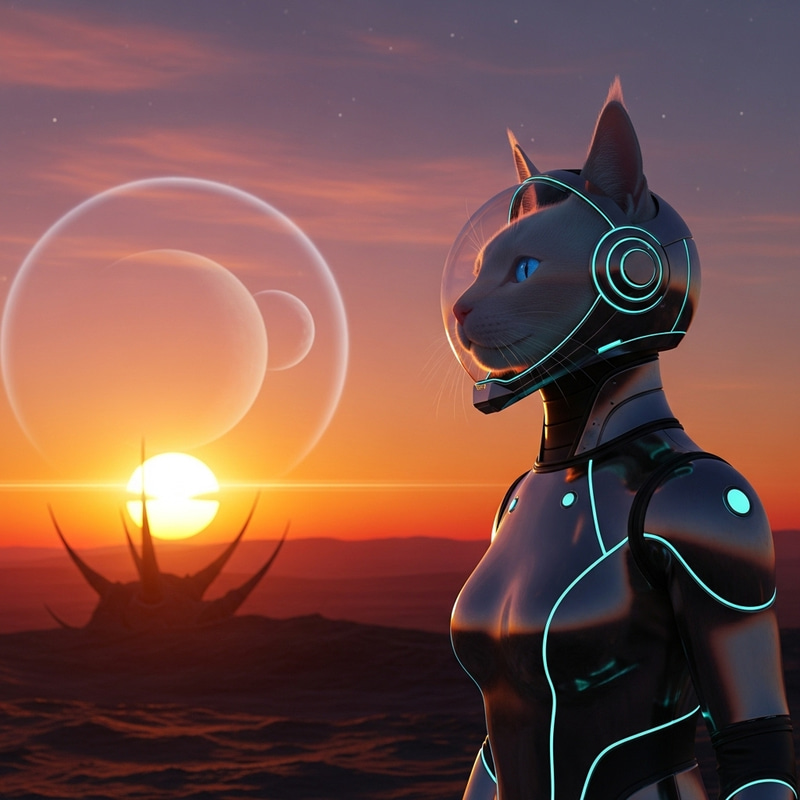 Futuristic White Cat in Sunset Scene