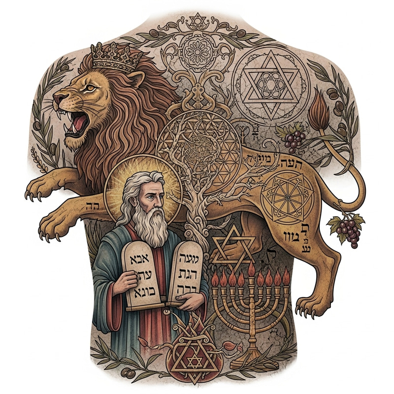 Ancient Judaic Tattoo Design with Israeli, Kabbalah, Rabbi, Lion Symbolism Ancient Judaic Tattoo Design with Israeli, Kabbalah, Rabbi, Lion Symbolism
