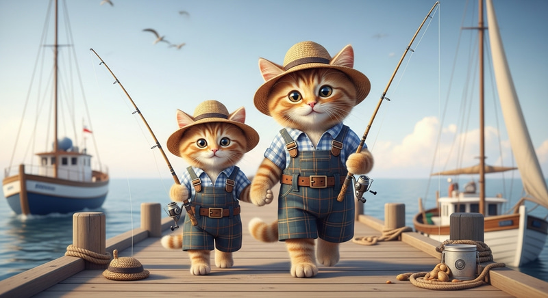 Wholesome Ginger Scottish Cat and Kitten Fishing Scene