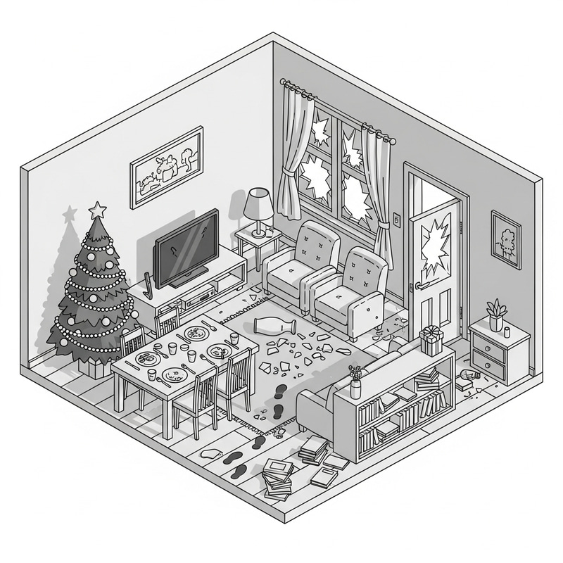 Cartoonish Isometric Crime Scene in Living Room
