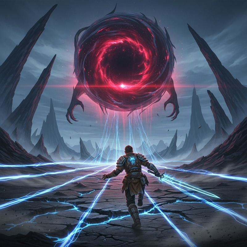 Brave Warrior Confronts Dark Monstrosity in Desolate Wasteland Brave Warrior Confronts Dark Monstrosity in Desolate Wasteland