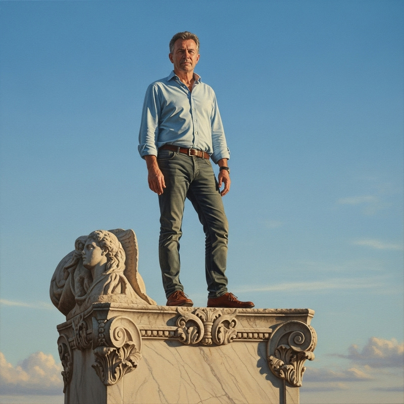 Middle-Aged Caucasian Man Standing on Marble Block Middle-Aged Caucasian Man Standing on Marble Block