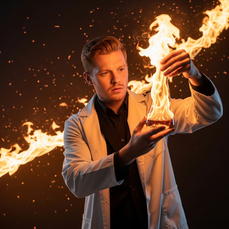 Red-haired Chemist in Black Suit with Flaming Flask Surrounded by Fire