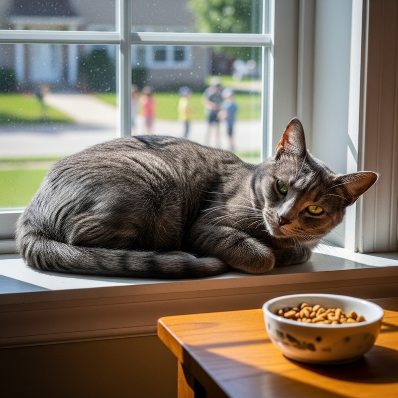 Peaceful Gray Cat Enjoying Sunlight on Window Sill Peaceful Gray Cat Enjoying Sunlight on Window Sill