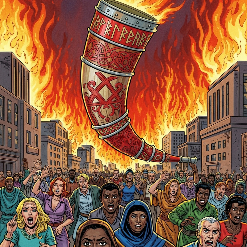 Intense Blowing Horn Scene: Red Runic Engravings & Flaming Buildings Intense Blowing Horn Scene: Red Runic Engravings & Flaming Buildings