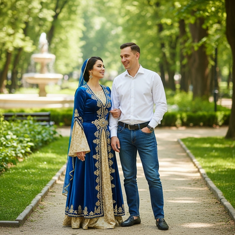 Azerbaijani Woman and Russian Man in Beautiful Park | Multicultural Encounter