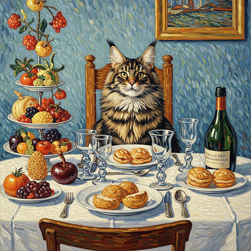 Maine Coon Cat on Festive Table with Falling Food in Van Gogh Style Maine Coon Cat on Festive Table with Falling Food in Van Gogh Style