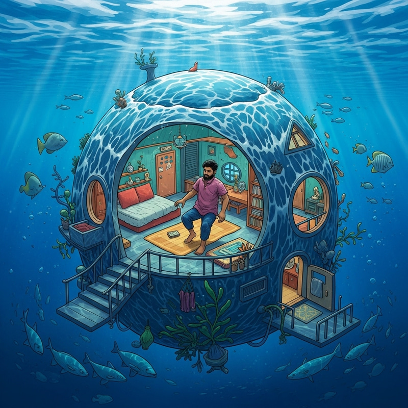 Surreal Ocean Dweller - South Asian Man in Underwater Habitat