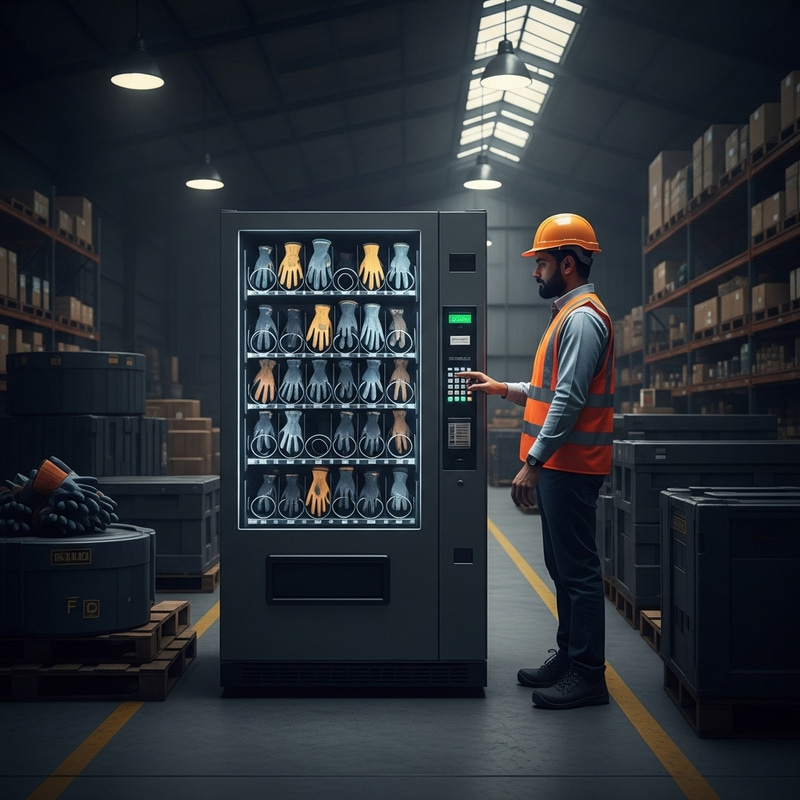 Worker in Industrial Warehouse using Vending Machine for Work Gloves Worker in Industrial Warehouse using Vending Machine for Work Gloves
