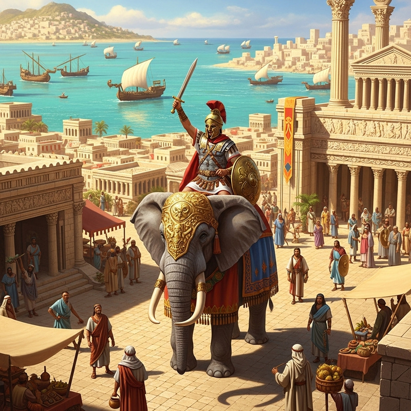 Ancient Carthaginian Empire: Hannibal Barca on Elephant with Sword Ancient Carthaginian Empire: Hannibal Barca on Elephant with Sword