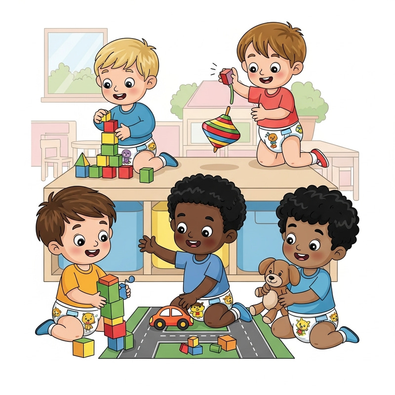 Playful Kindergarteners Playing with Colorful Cartoon Diapers Playful Kindergarteners Playing with Colorful Cartoon Diapers