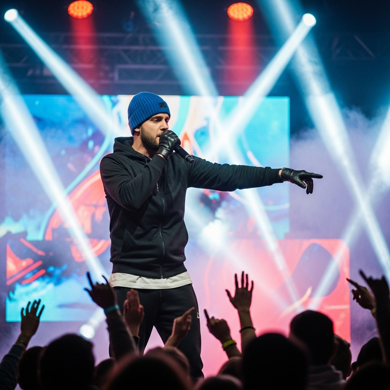Energetic Rapper in Blue Wool Beanie and Black Gloves Performing live at Concert Energetic Rapper in Blue Wool Beanie and Black Gloves Performing live at Concert