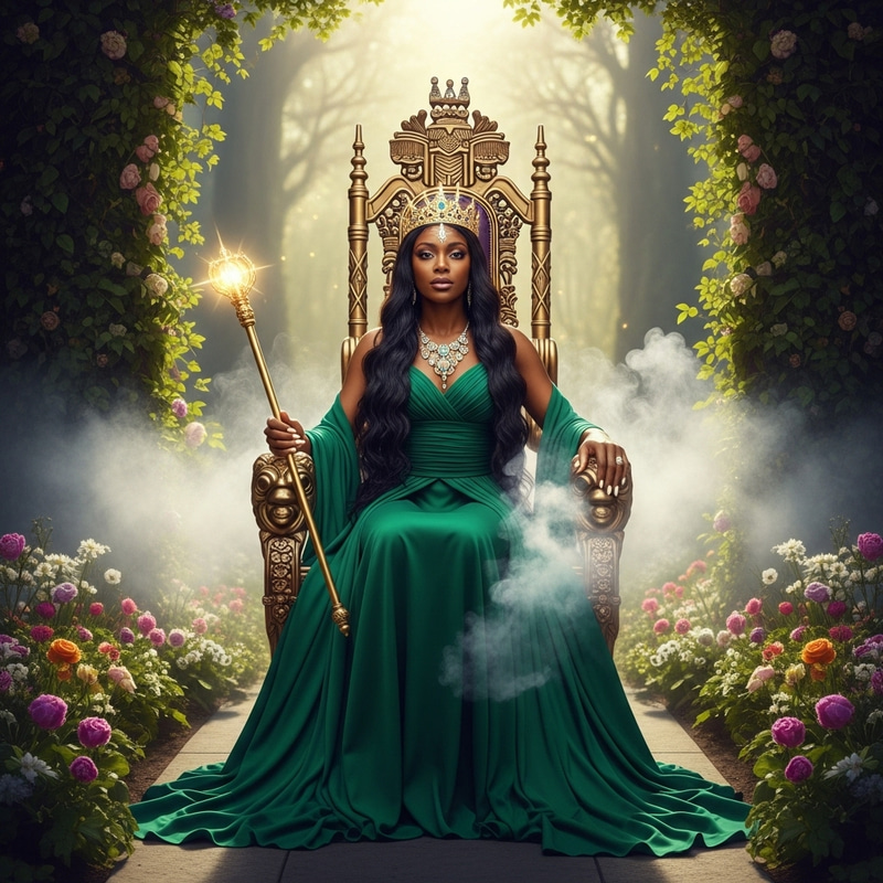 Radiant Black Woman in Green Gown | Garden of Eden Throne Illuminated in Light Radiant Black Woman in Green Gown | Garden of Eden Throne Illuminated in Light