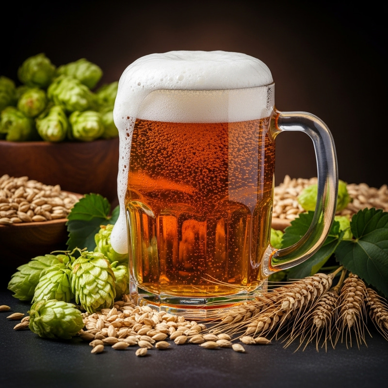 Cinematic Beer Presentation with Foam, Hops, Barley, and Wheat