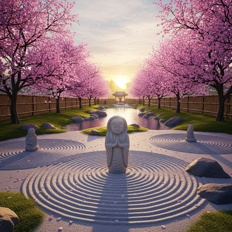 The Soul in Zen Garden: Tranquil Statue and Cherry Blossoms The Soul in Zen Garden: Tranquil Statue and Cherry Blossoms