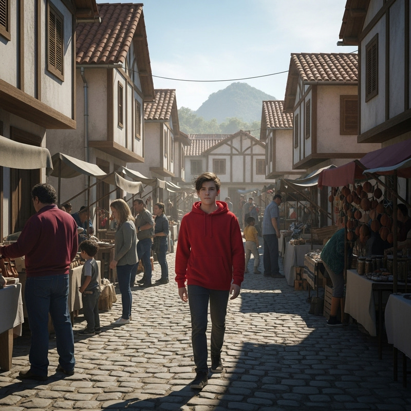 Exploring Economilandia: Boy in Red Hoodie Through Quaint Town