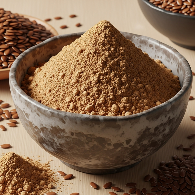 Flaxseed Powder in Rustic Ceramic Bowl
