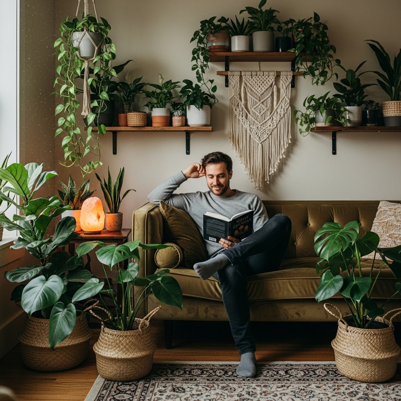 Cozy Room with Man Relaxing on Couch and Lush Greenery Cozy Room with Man Relaxing on Couch and Lush Greenery