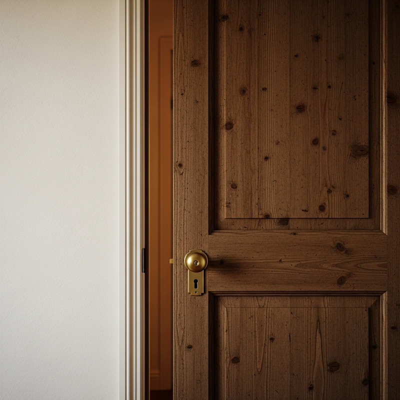 Tranquil Wood Door Ajar: Warmly Lit Room Slice Tranquil Wood Door Ajar: Warmly Lit Room Slice
